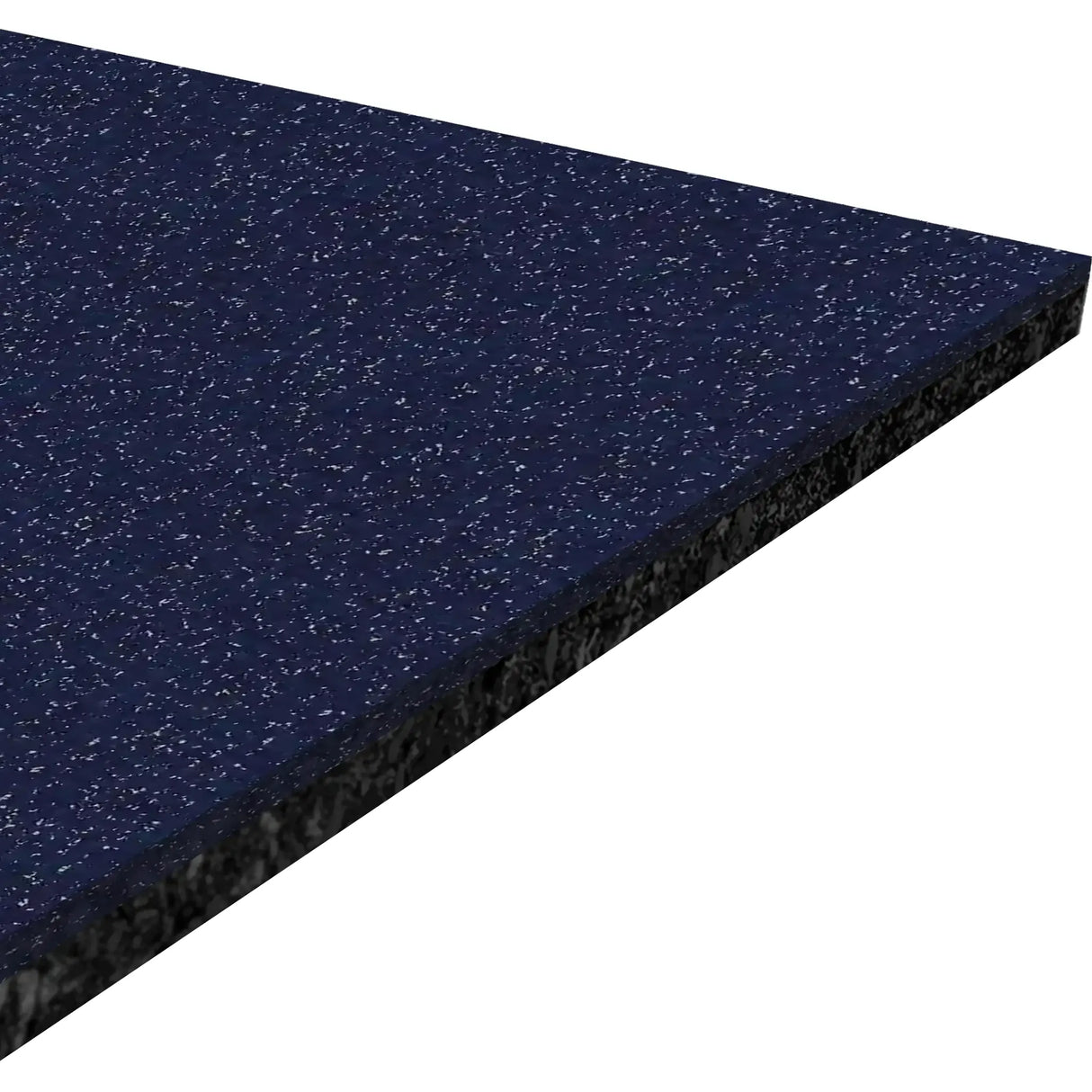 A close-up of the ECORE Athletic Performance Beast Rubber Roll 10.5mm Flooring shows its rectangular, dark blue speckled surface with a black underside, displayed at an angle against a white background.