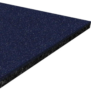 A close-up of the ECORE Athletic Performance Beast Rubber Roll 10.5mm Flooring shows its rectangular, dark blue speckled surface with a black underside, displayed at an angle against a white background.