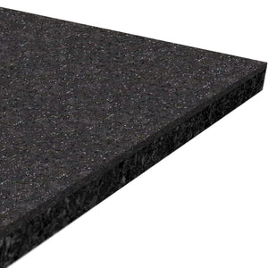 A close-up of the ECORE Performance Beast Plus Rubber Roll - 14.5mm Flooring by ECORE Athletic shows its thick, rectangular black mat with a speckled, textured surface and clean beveled edge against a white background.