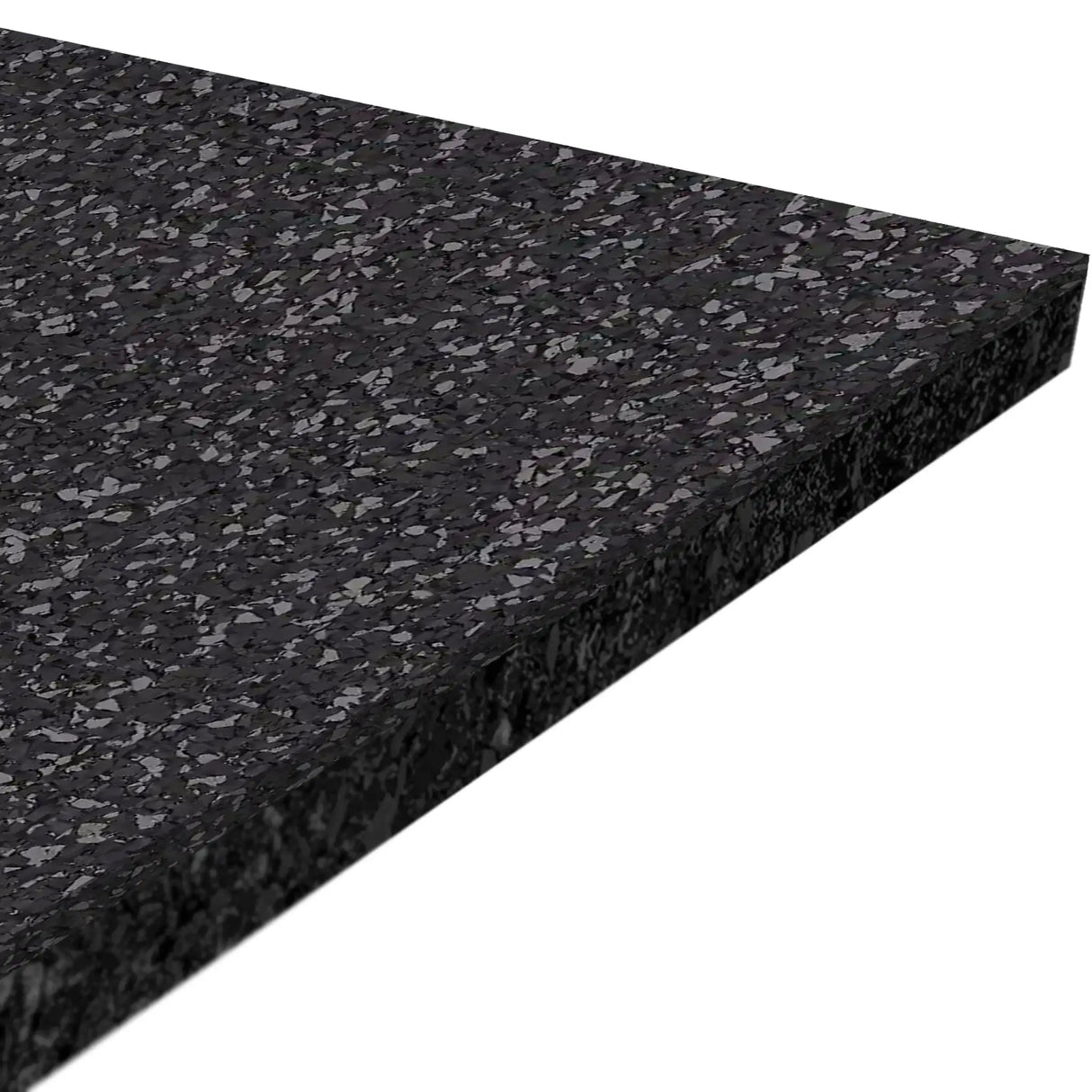 A close-up of the ECORE Athletic ECORE Performance Beast Plus Rubber Roll - 14.5mm Flooring, a rectangular black mat with a speckled pattern of lighter and darker gray flecks, shown from an angled perspective.