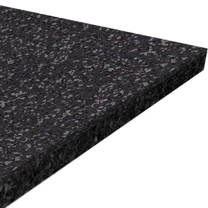 A close-up of the ECORE Athletic ECORE Performance Beast Plus Rubber Roll - 14.5mm Flooring, a rectangular black mat with a speckled pattern of lighter and darker gray flecks, shown from an angled perspective.