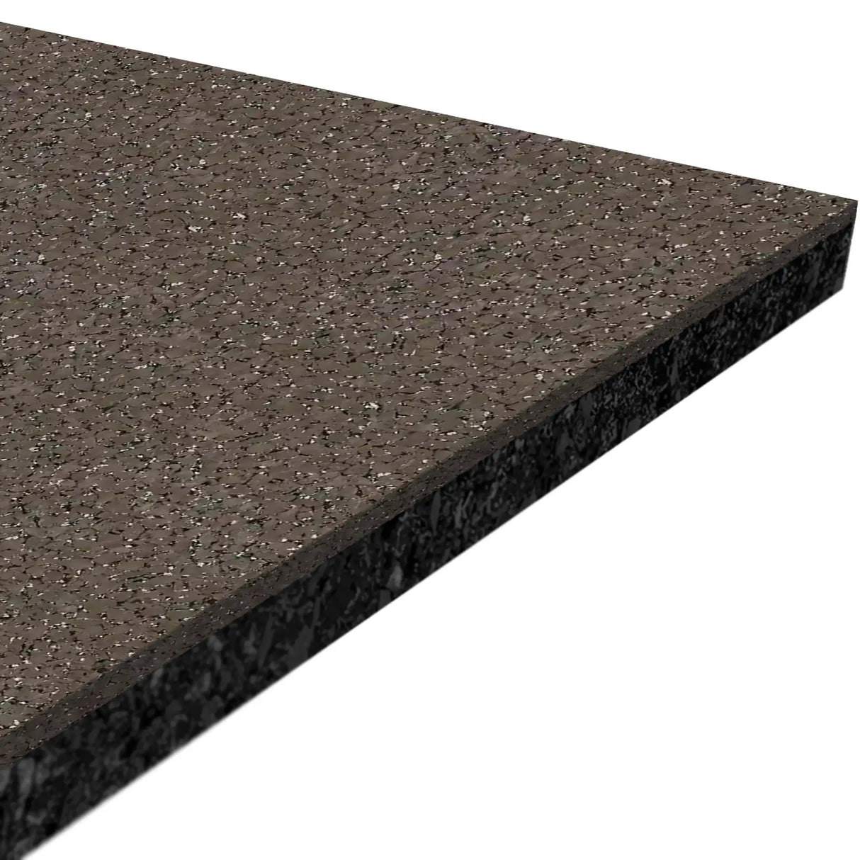 Close-up of the ECORE Athletic ECORE Performance Beast Plus Rubber Roll - 14.5mm Flooring, featuring a rectangular, speckled dark brown surface with smooth texture and slightly beveled edges.