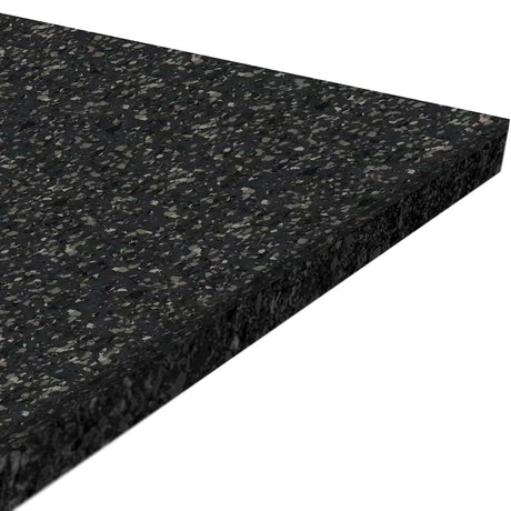 A close-up of the ECORE Performance Beast Plus Rubber Roll - 14.5mm Flooring by ECORE Athletic, a rectangular black mat with speckled gray patterns, displayed at an angle on a white background.