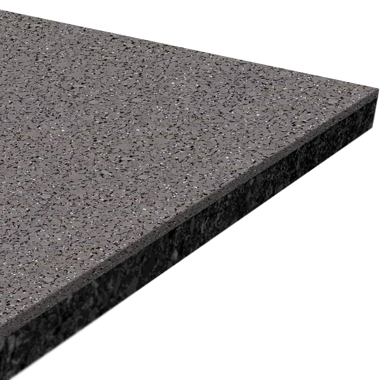 A close-up of ECORE Performance Beast Plus Rubber Roll - 14.5mm Flooring by ECORE Athletic showcases its polished, dark gray speckled surface and beveled edge.