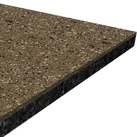 A close-up angled view of an ECORE Performance Beast Plus Rubber Roll - 14.5mm Flooring sheet by ECORE Athletic, highlighting its textured, speckled brown surface and layered edge.