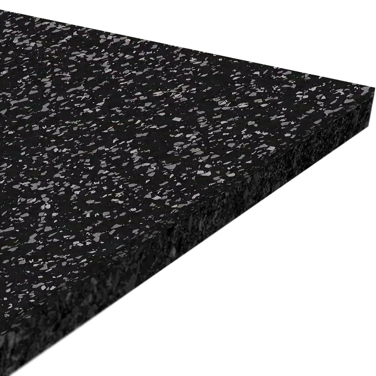 A close-up of the ECORE Performance Beast Plus Rubber Roll - 14.5mm Flooring by ECORE Athletic, featuring a rectangular black mat with light gray and white flecks, shown at an angle against a white background.