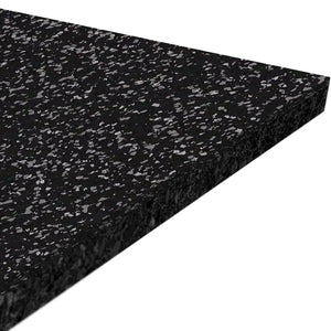 A close-up of the ECORE Performance Beast Plus Rubber Roll - 14.5mm Flooring by ECORE Athletic, featuring a rectangular black mat with light gray and white flecks, shown at an angle against a white background.