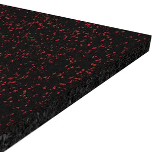 A close-up of the ECORE Performance Beast Plus Rubber Roll - 14.5mm Flooring by ECORE Athletic, a thick rectangular black mat with red speckles, shown angled on a white background.