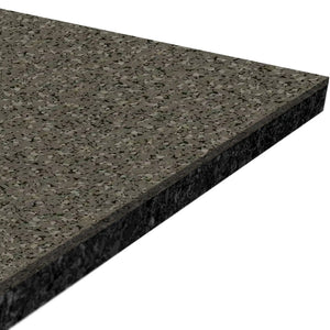 A close-up of the corner of an ECORE Performance Motivate Plus Rubber Roll - 10.5mm Flooring by ECORE Athletic, featuring a rectangular, speckled gray and black surface shown at an angle on a white background.