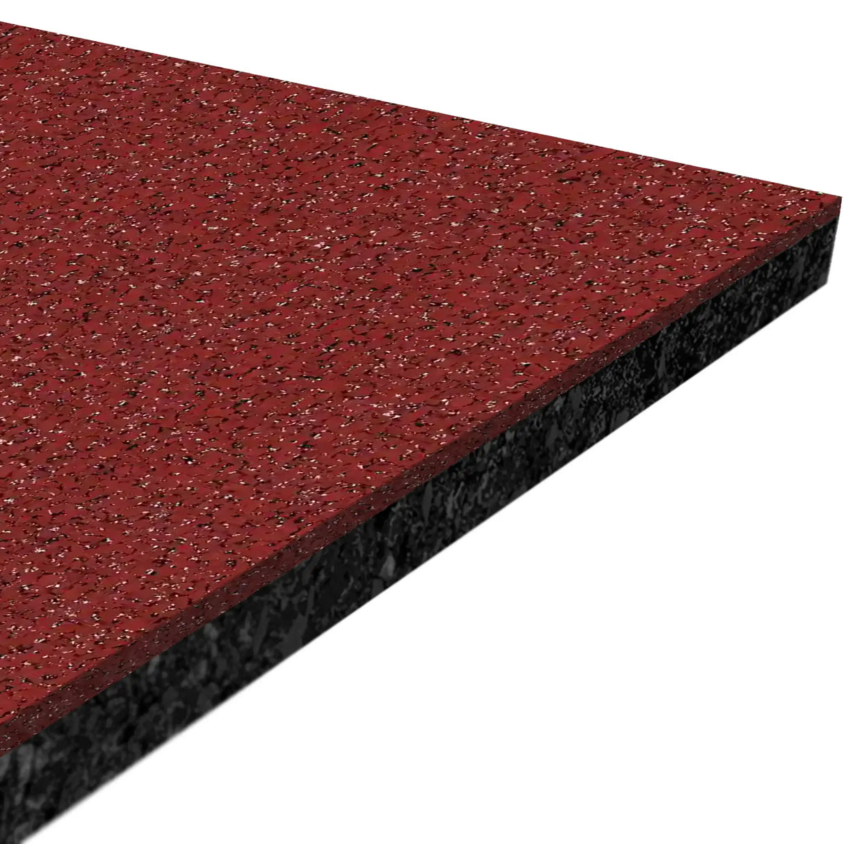 Close-up of the ECORE Athletic ECORE Performance Motivate Plus Rubber Roll - 10.5mm Flooring, featuring a rectangular, two-layered tile with a red speckled top and solid black base, shown angled on a white background.