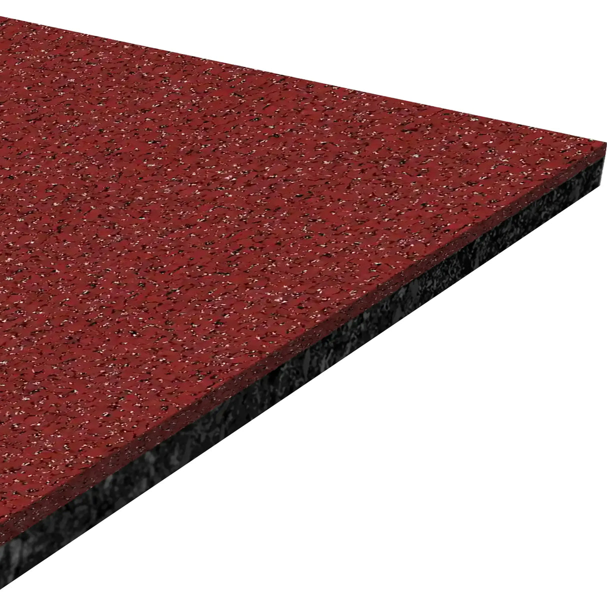 A close-up view of the ECORE Athletic Performance Beast Rubber Roll - 10.5mm Flooring shows its square, speckled red and black textured surface with a layered edge highlighting the thickness of the material.