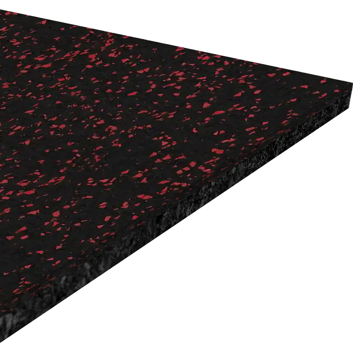 A close-up angled view of the ECORE Athletic Performance Beast Rubber Roll - 10.5mm Flooring, a thick rectangular black mat with red specks, set against a white background.