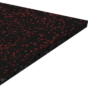 A close-up angled view of the ECORE Athletic Performance Beast Rubber Roll - 10.5mm Flooring, a thick rectangular black mat with red specks, set against a white background.