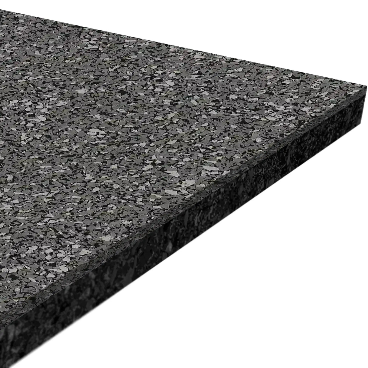 A close-up of the corner of the ECORE Performance Motivate Plus Rubber Roll - 10.5mm Flooring by ECORE Athletic highlights its speckled black and gray textured surface and substantial thickness.