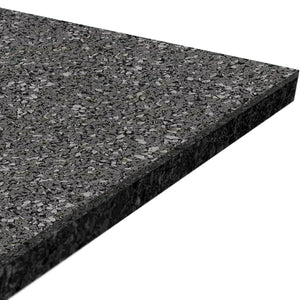 A close-up of the corner of the ECORE Performance Motivate Plus Rubber Roll - 10.5mm Flooring by ECORE Athletic highlights its speckled black and gray textured surface and substantial thickness.