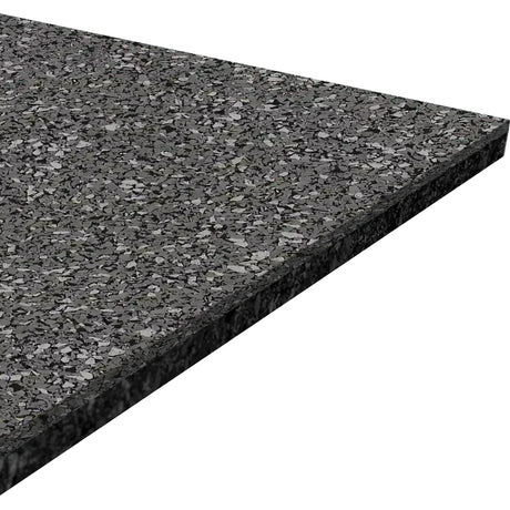 A close-up view of the ECORE Performance Beast Rubber Roll - 10.5mm Flooring by ECORE Athletic, featuring a rectangular sheet of black and gray speckled recycled rubber, shown at an angle on a white background.