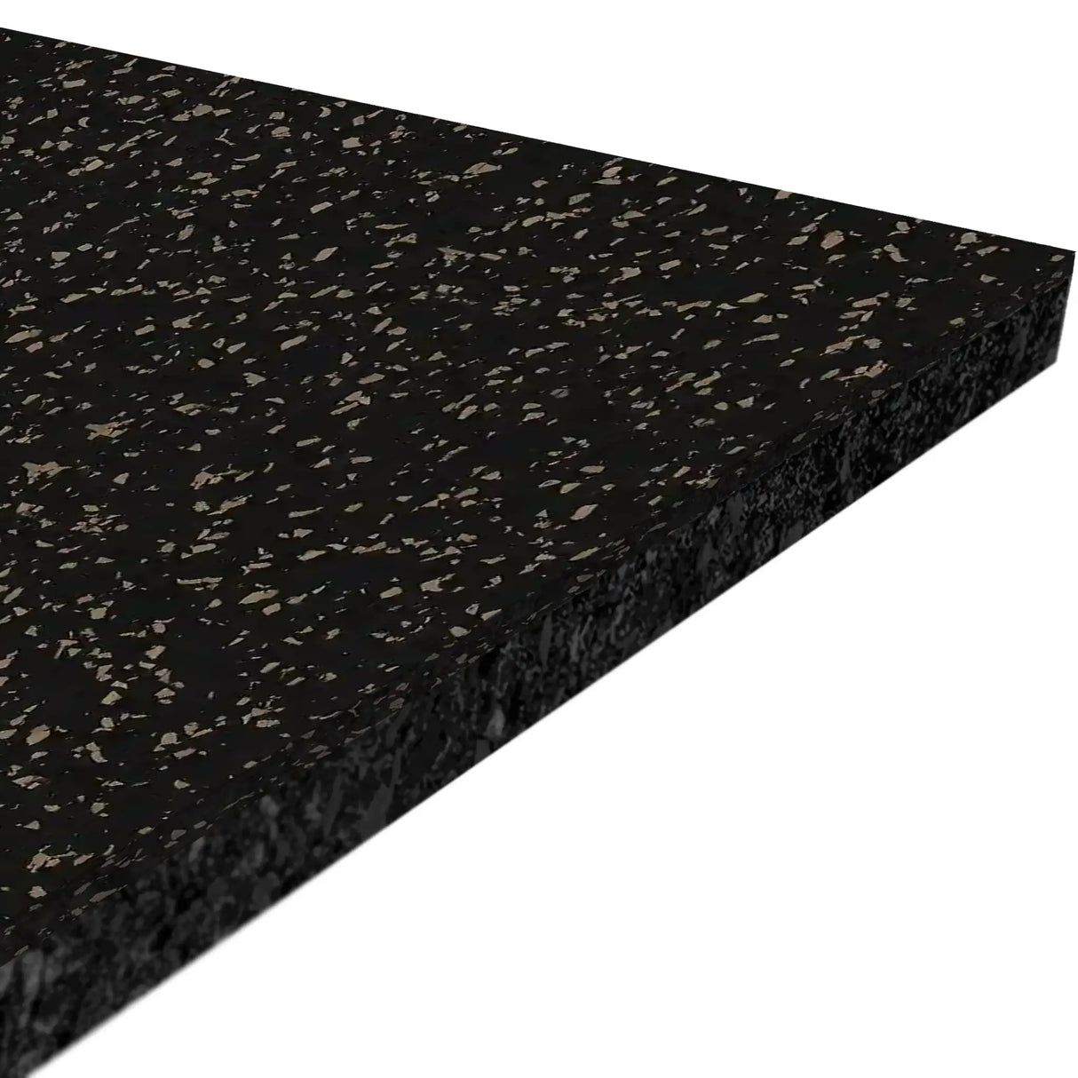 A close-up of the ECORE Athletic Performance Motivate Plus Rubber Roll - 10.5mm Flooring shows its black surface with gray speckles, highlighting the textured finish and thickness.