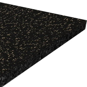 A close-up of the ECORE Athletic Performance Motivate Plus Rubber Roll - 10.5mm Flooring shows its black surface with gray speckles, highlighting the textured finish and thickness.