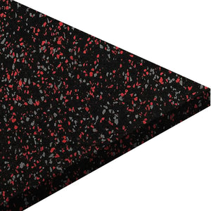 A close-up of the ECORE Blade Rubber Roll - 9mm Flooring by ECORE Athletic, featuring a thick, rectangular black rubber mat with red and gray flecks, shown on a white background.