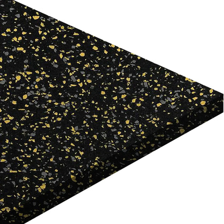 The ECORE Blade Rubber Roll - 9mm Flooring by ECORE Athletic is shown from a corner angle; its black surface features small yellow and gray speckles against a white background.