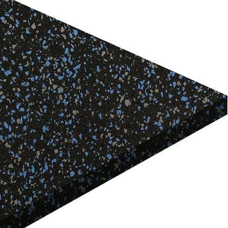 A close-up of the ECORE Blade Rubber Roll - 9mm Flooring by ECORE Athletic, featuring a black surface with blue and gray speckles, shown at an angle to highlight its thickness and textured design.