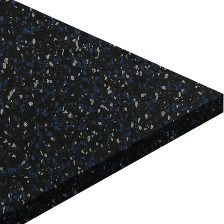 A close-up of the ECORE Blade Rubber Roll - 9mm Flooring by ECORE Athletic, featuring a thick rectangular black mat with blue and gray speckles, viewed from an angle highlighting its texture and layered thickness.