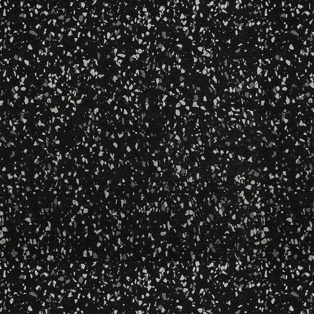 The ECORE Blade Rubber Roll - 9mm Flooring by ECORE Athletic features a black terrazzo surface with scattered small, irregular white and gray stone fragments for a speckled, textured look.