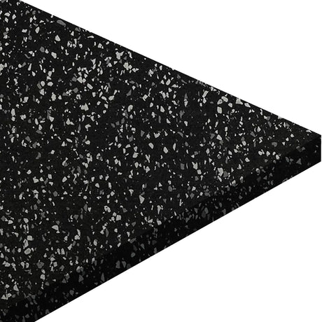 A close-up of the ECORE Blade Rubber Roll - 9mm Flooring by ECORE Athletic shows a triangular black rubber mat with white and gray terrazzo-like speckles, displayed against a white background.