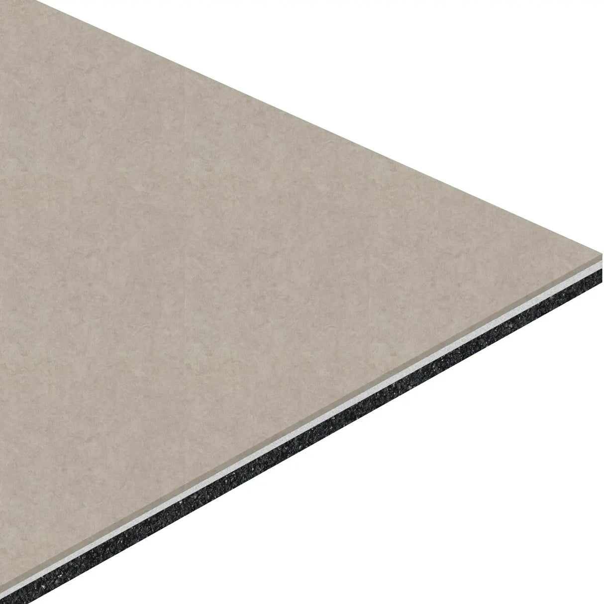 A close-up of the corner of an ECORE Bounce 2 Motivate Laminate Roll - 7mm Class 1 Flooring panel by ECORE Athletic, showing its multi-layered structure with a light beige top surface and black inner layer.