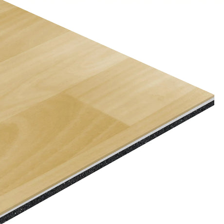 A close-up view of the ECORE Bounce 2 Motivate Laminate Roll - 7mm Class 1 Flooring by ECORE Athletic, showing its light wood grain surface and layered core and backing materials.