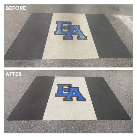 A before and after photo showing a rubber weightlifting floor while it's dirty, then when it's been cleaned by ECORE Athletic e-cleaner. 