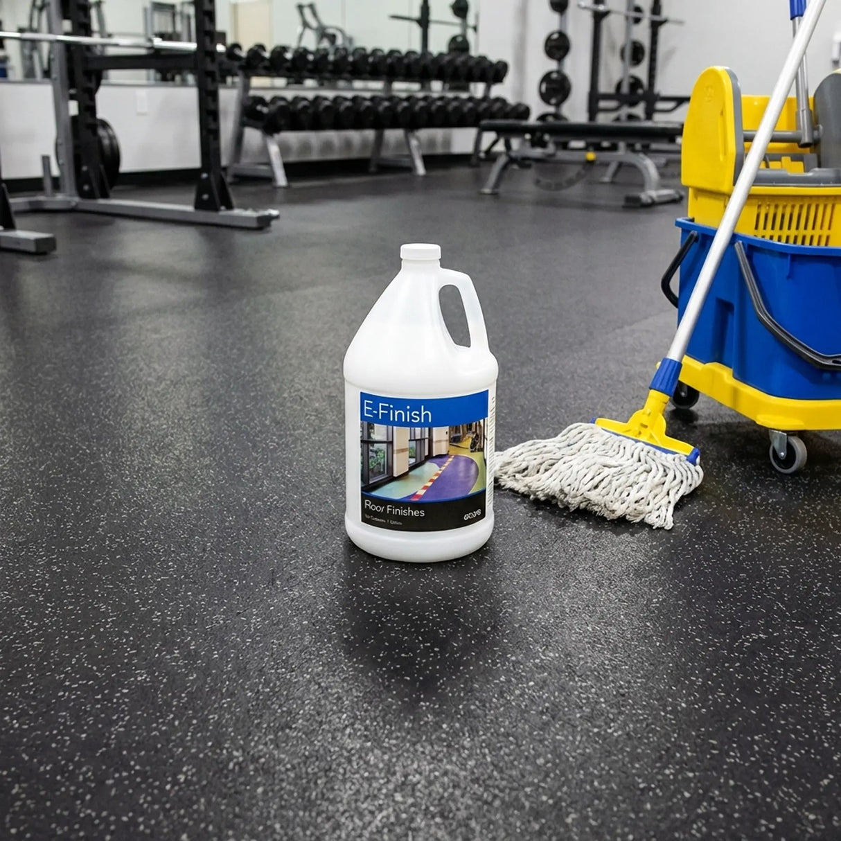 A white bottle of ECORE E-Finish next to a mop and bucket on a black rubber floor in a weight room
