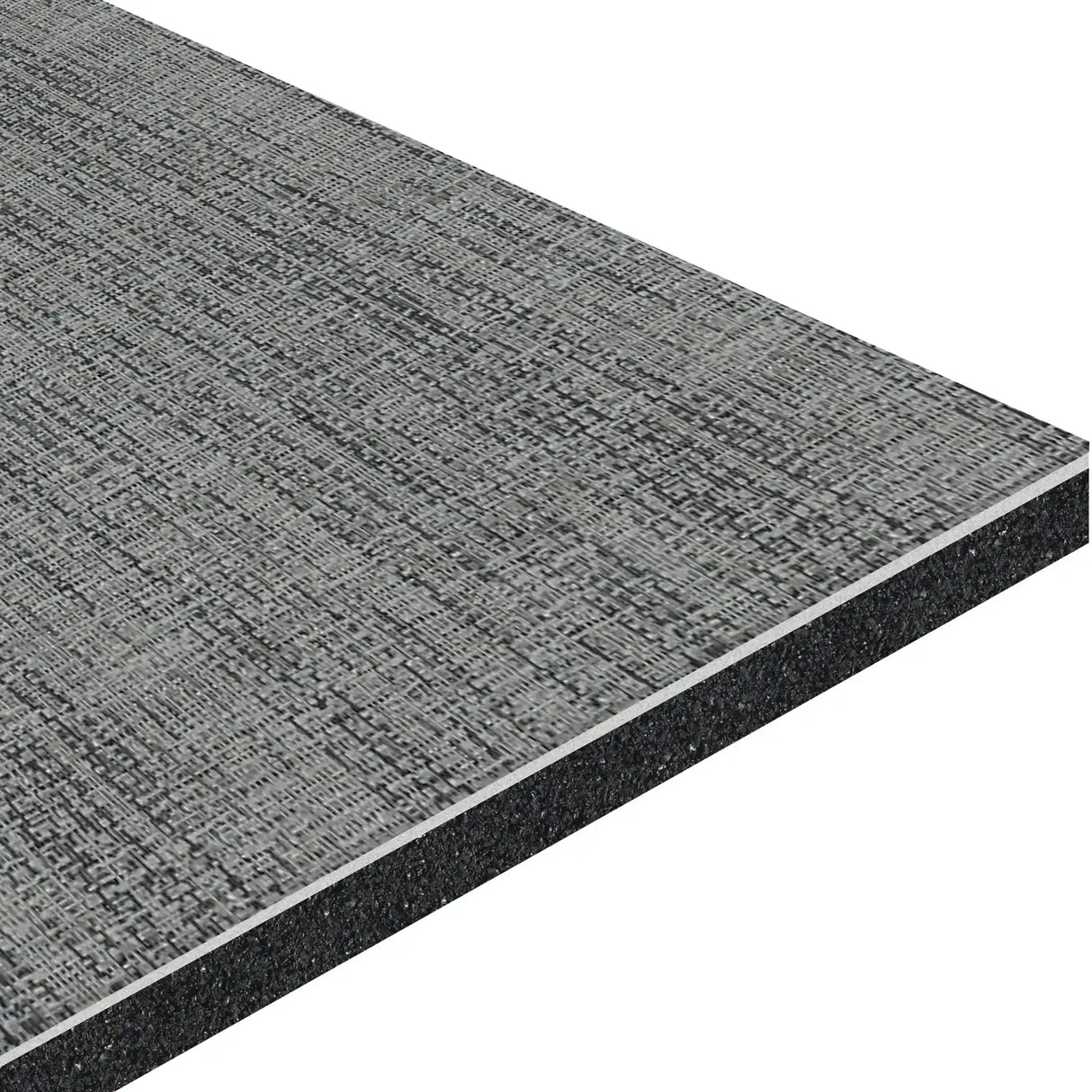 Close-up view of the ECORE Athletic ECORE Ebb & Flow Motivate Laminate Roll - 6mm Class 1 Flooring, featuring a rectangular gray textured surface and black solid core, shown at an angle against a white background.