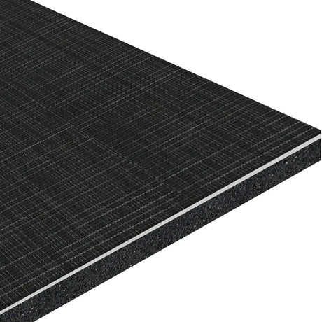 A close-up of the ECORE Ebb & Flow Motivate Laminate Roll - 6mm Class 1 Flooring by ECORE Athletic shows its dark, rectangular board with a textured grid surface and visible layered core at the edge.