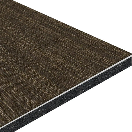 A close-up of the ECORE Ebb & Flow Motivate Laminate Roll - 6mm Class 1 Flooring by ECORE Athletic displays its textured brown woven surface and layered black-and-white core at an angle against a white background.