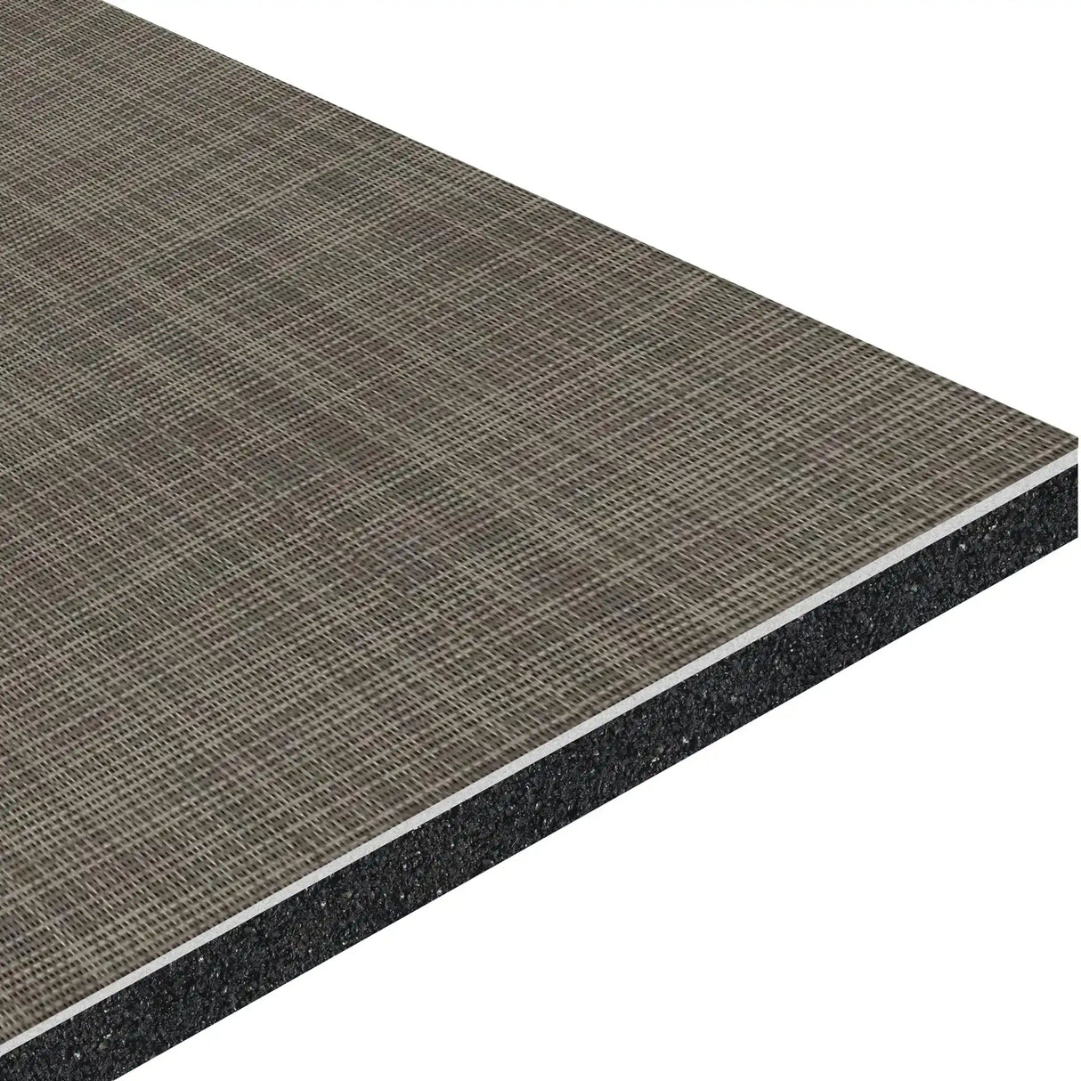 A close-up of the ECORE Ebb & Flow Motivate Laminate Roll - 6mm Class 1 Flooring by ECORE Athletic highlights its textured, grid-patterned brown surface over a dense underlayer, revealing the panel's layered construction.