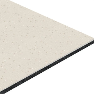 A close-up of the ECORE HydroGrip Motivate Laminate Roll - 7mm Class 1 Flooring by ECORE Athletic shows its rectangular, layered beige design with white and gray speckles on top and a visible black underlayer at the edge.