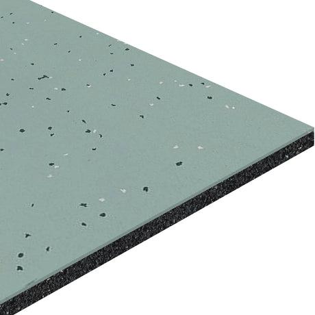 Close-up of ECORE Athletic Integrity Motivate Laminate Roll - 7mm Class 1 Flooring, featuring a speckled light green surface and dark textured underside, displayed at an angle against a white background.