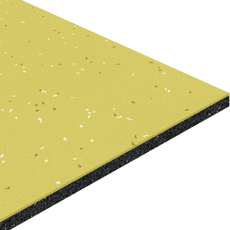 An angled side view of the ECORE Integrity Motivate Laminate Roll - 7mm Class 1 Flooring by ECORE Athletic, featuring yellow speckled texture and a black underlayer, shown close-up on a white background.