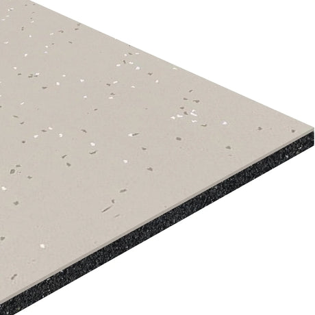 A close-up view of the ECORE Athletic Integrity Motivate Laminate Roll - 7mm Class 1 Flooring shows its rectangular, multi-layered design: a light gray top with white and gray speckles, and a solid black layer beneath.
