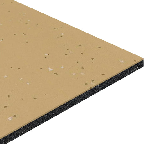 A close-up of the ECORE Athletic Integrity Motivate Laminate Roll – 7mm Class 1 Flooring shows its rectangular beige tile with small speckles, black underlayer, and layered thickness, highlighting its structure from an angled view.