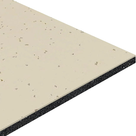 A close-up angled view of the ECORE Athletic Integrity Motivate Laminate Roll - 7mm Class 1 Flooring, featuring beige speckled vinyl and a black layered underside, displayed against a white background.