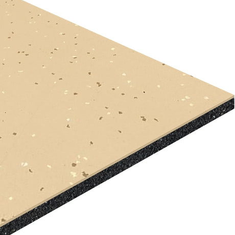 A close-up of the ECORE Integrity Motivate Laminate Roll - 7mm Class 1 Flooring by ECORE Athletic, showing its beige speckled top and black textured underside at an angle on a white background.