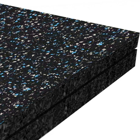 Three stacked ECORE Performance Monster Rubber Roll - 22.5mm Flooring mats by ECORE Athletic, featuring black rubber with blue, white, and gray speckles. Thick and dense with a textured surface, ideal for gym or flooring applications.