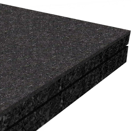 Close-up of three stacked ECORE Performance Monster Rubber Roll - 22.5mm Flooring mats by ECORE Athletic, featuring a black textured, speckled surface against a white background.