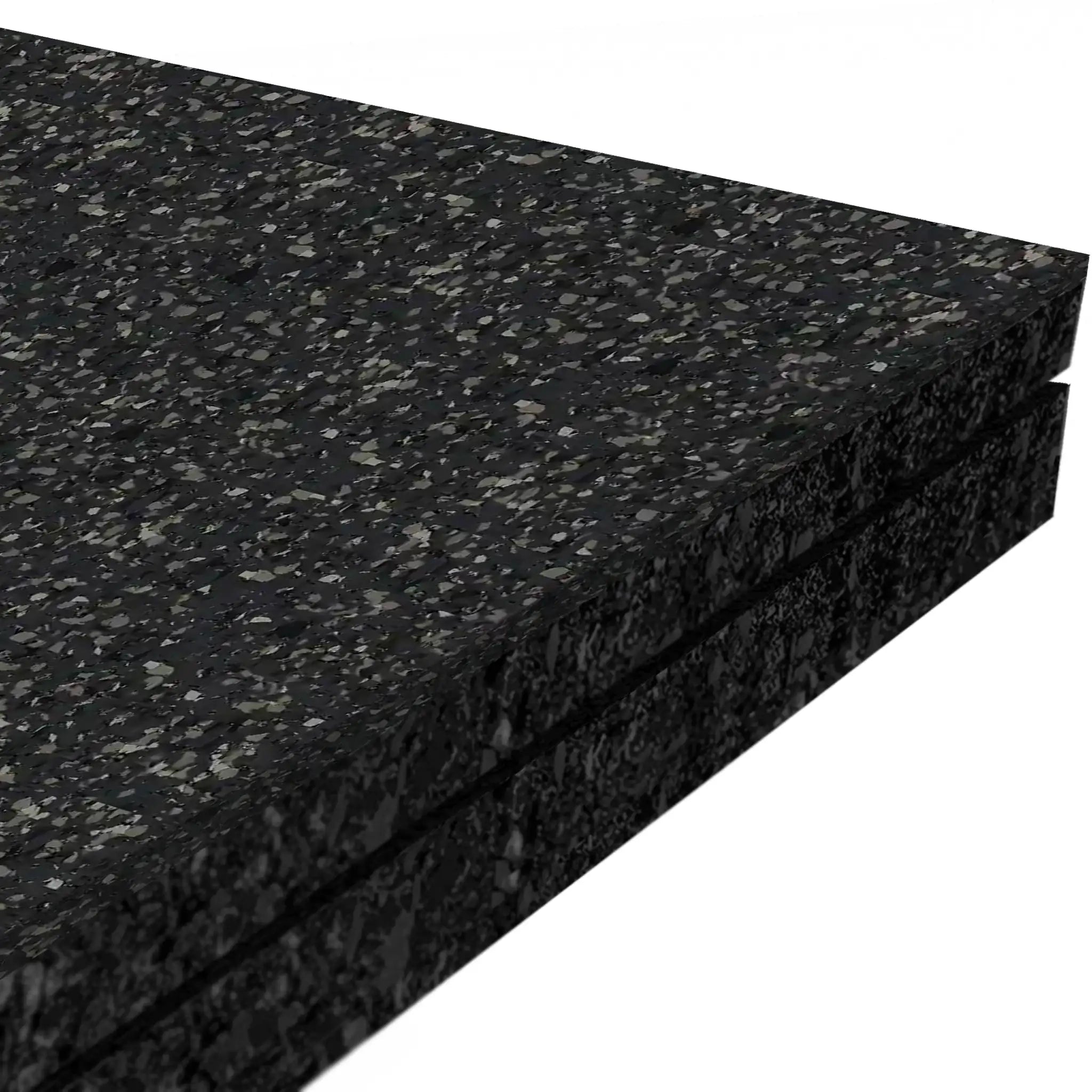 Close-up of two stacked ECORE Athletic Performance Monster Rubber Roll - 22.5mm mats with a speckled gray pattern, highlighting their thickness and textured surface on a white background.