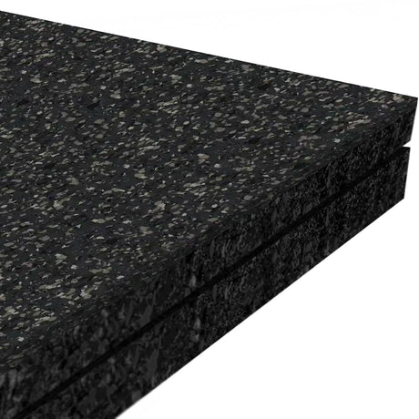 Close-up of two stacked ECORE Athletic Performance Monster Rubber Roll - 22.5mm mats with a speckled gray pattern, highlighting their thickness and textured surface on a white background.