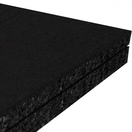 Close-up of three stacked ECORE Performance Monster Rubber Roll - 22.5mm Flooring mats by ECORE Athletic, featuring textured edges and smooth surfaces, set against a white background.