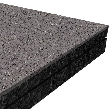 Close-up view of three stacked ECORE Performance Monster Rubber Roll - 22.5mm Flooring sheets by ECORE Athletic, featuring speckled dark gray textured surfaces and beveled edges.