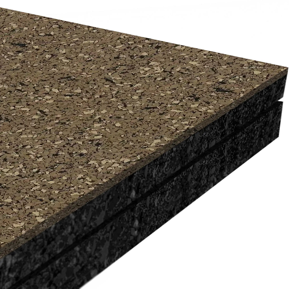 Close-up of three stacked ECORE Athletic ECORE Performance Monster Rubber Roll - 22.5mm Flooring boards, displaying their speckled brown and black texture and layered edges against a white background.